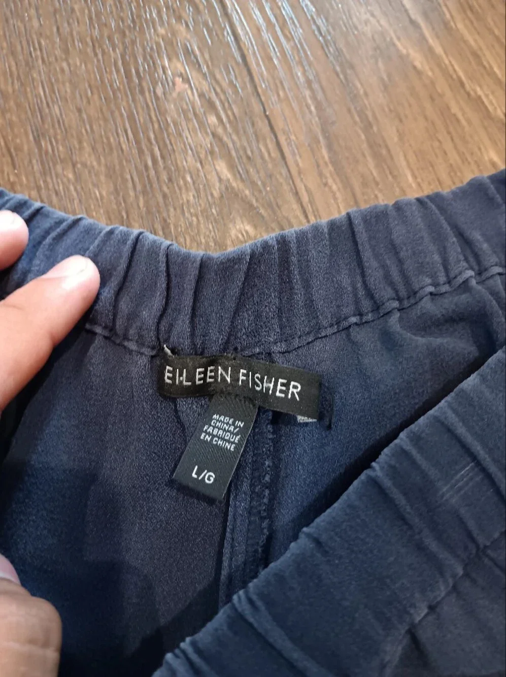 Eileen Fisher Navy Elastic-Waist Wide-Leg Pants 100%silk Sz L
